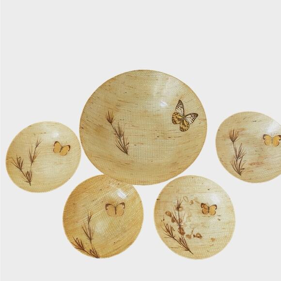 Vintage MCM Fiberglass Serving Bowl & Dishes Butterfly Yellow Tan Set - Picture 1 of 10